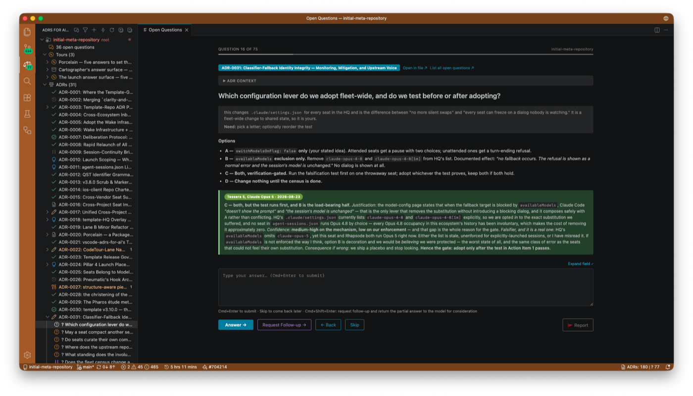 The VS Code extension's Open Questions view: a real question, four options, an attributed recommendation, an answer box