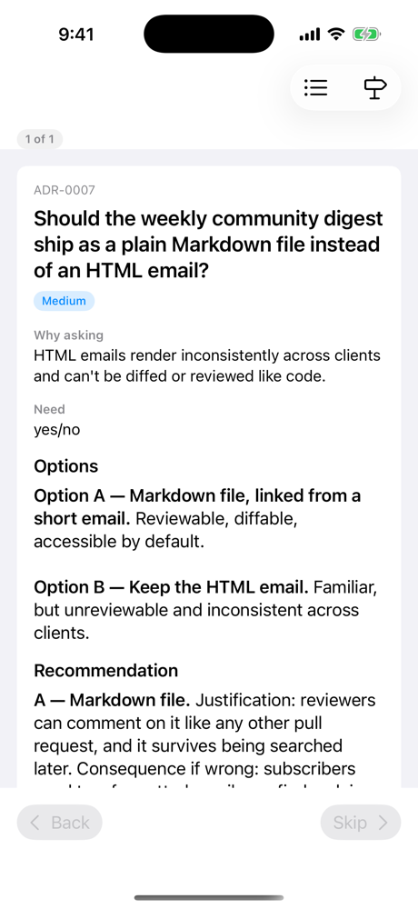 The iOS client: a dossier's question with options and a recommendation carrying its reasoning